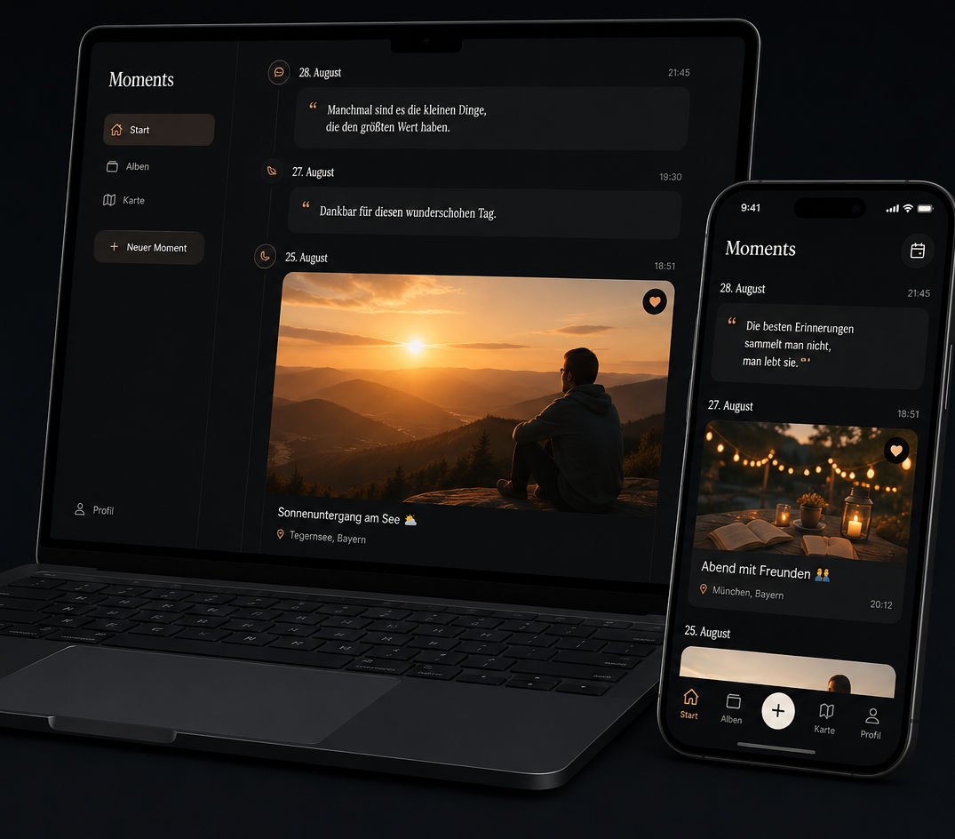 Moments – Erinnerungs-Feed auf Laptop und Smartphone, mit Fotos, Orten und Stimmungen