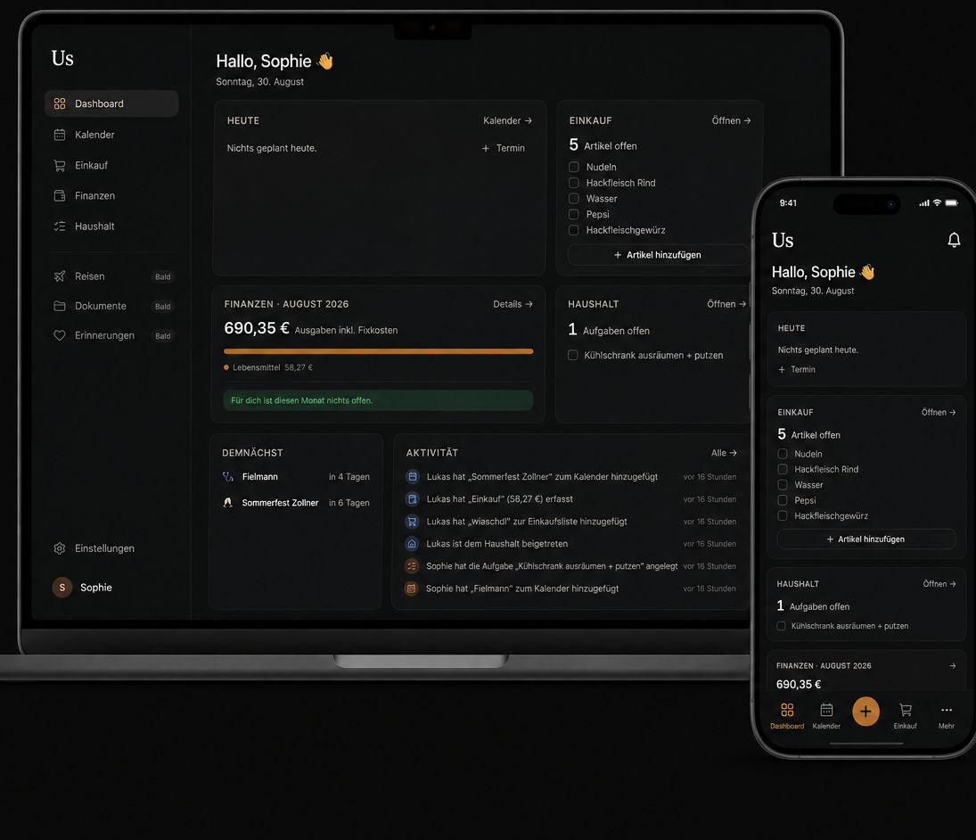 Us – gemeinsames Zuhause-Dashboard auf Laptop und Smartphone mit Einkauf, Kalender und Haushalt